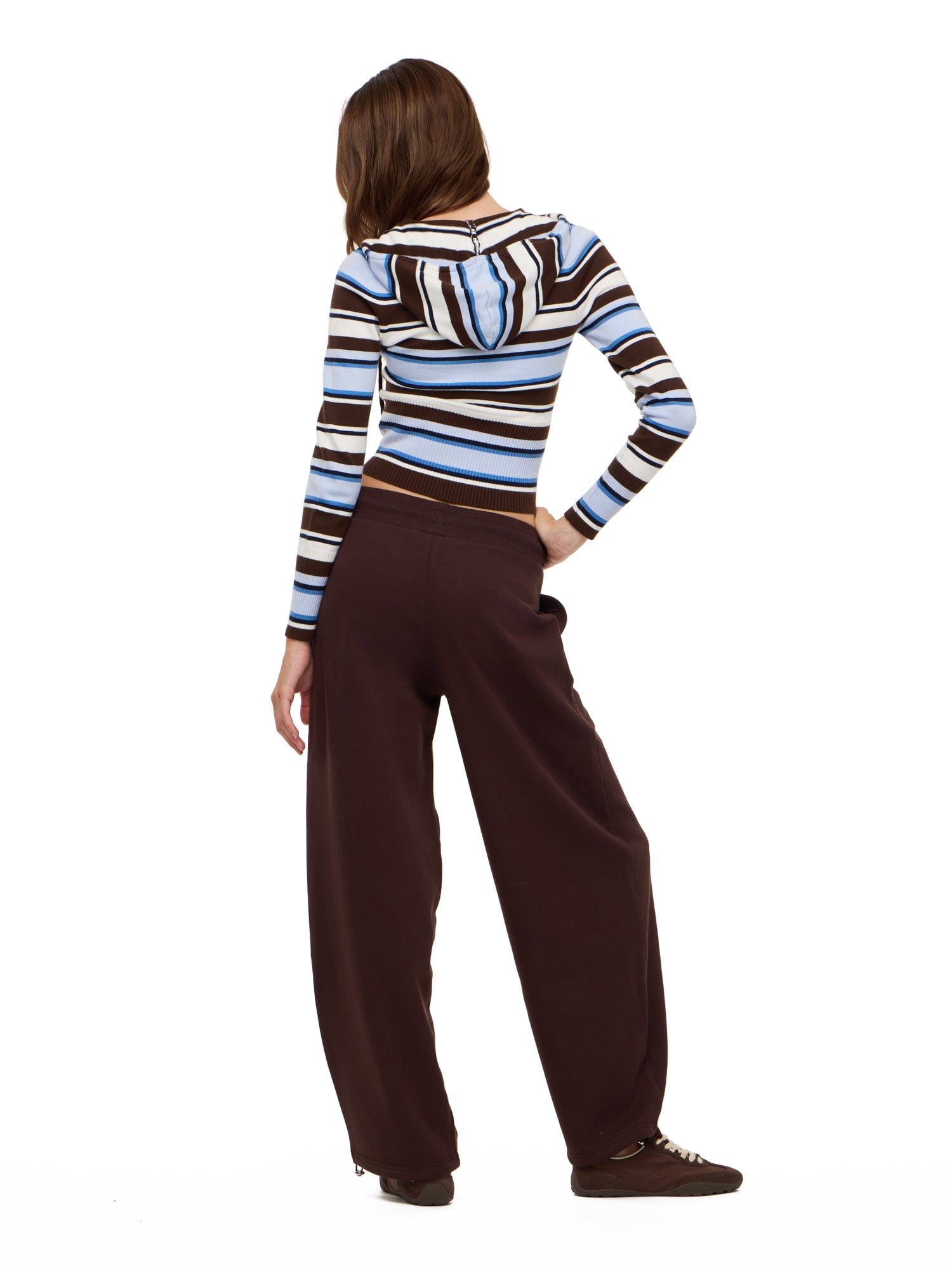 Forever 21 Women's Striped Zip Up Hooded Sweater, Long Sleeve Soft Knit Hoodie, Casual Everyday Streetwear Style Top, Brown, XXS-XXL