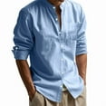 thumbnail image 3 of Men Cotton Linen Shirt Long Sleeve Collarless Casual Button Down Breathable Beach Tops Light Blue S, 3 of 5