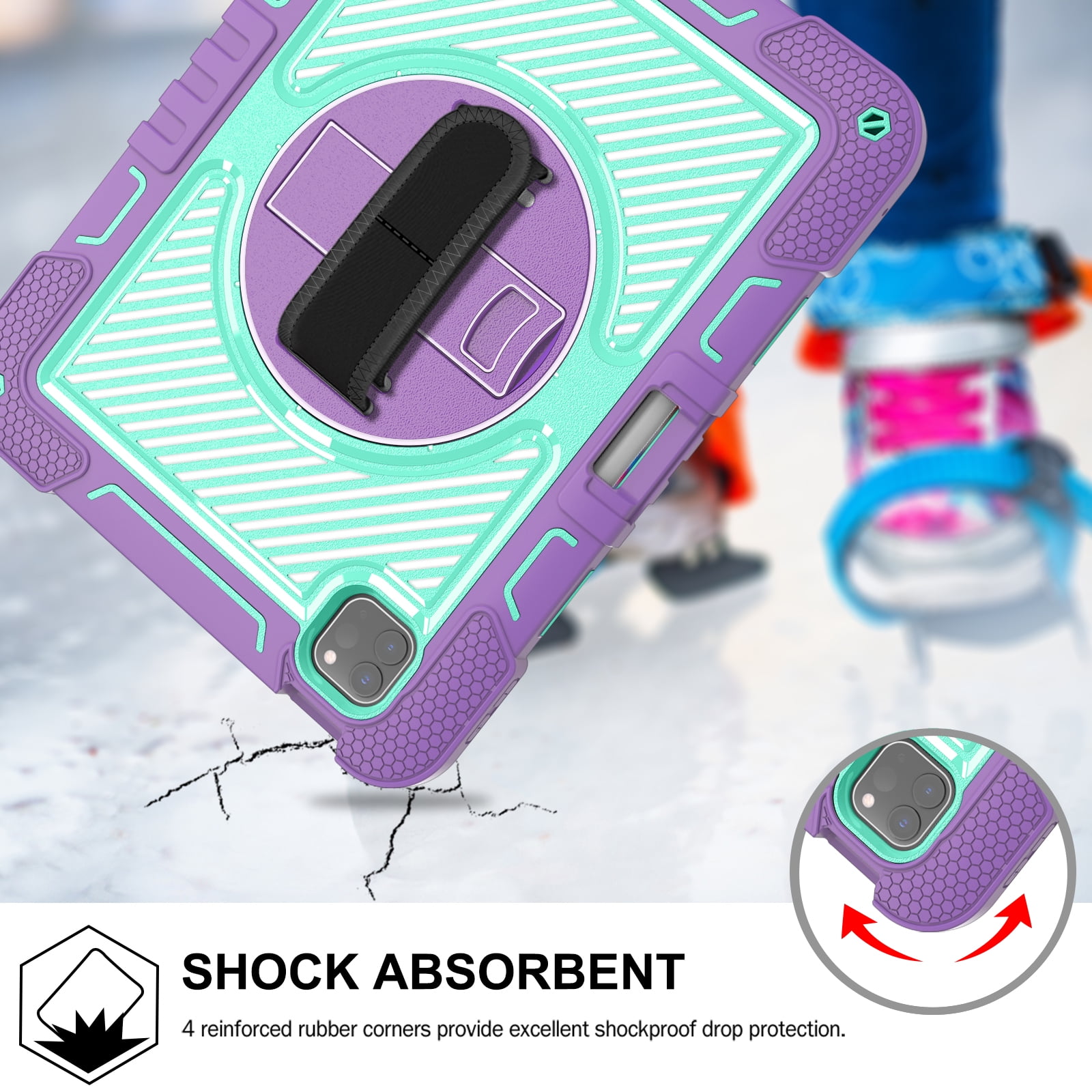 ELEHOLD 3-Layer Shockproof Case For iPad 8th/7th Generation, Rugged Cover with 360° Rotating Kickstand, Wrist Strap, Detachable Shoulder Strap, Pencil Holder, Purple+Mint