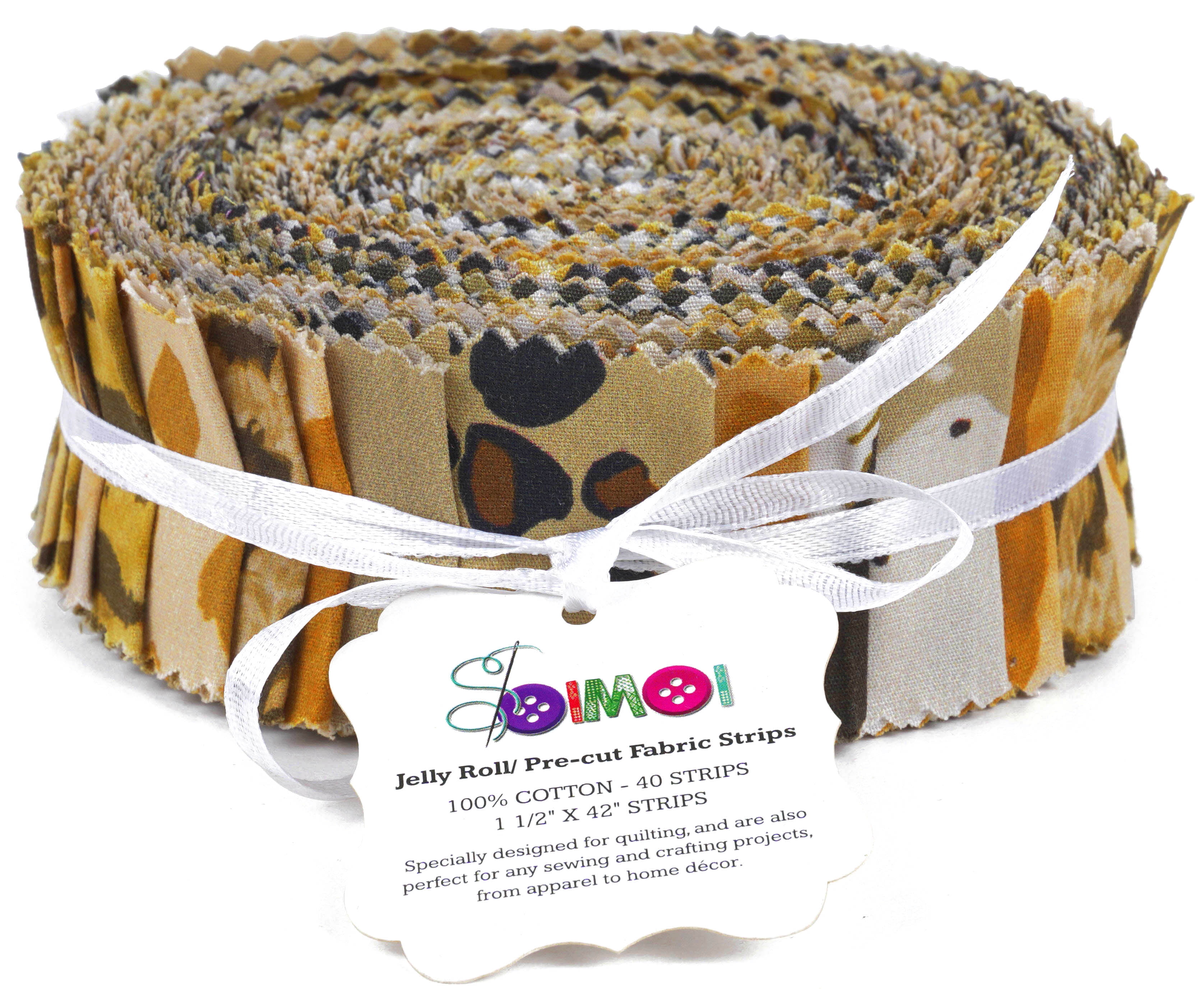 Soimoi 40Pcs Floral Artistic Print Precut Fabrics Strips Roll Up 1.5x42inches Cotton Jelly Rolls For Quilting - Light Brown