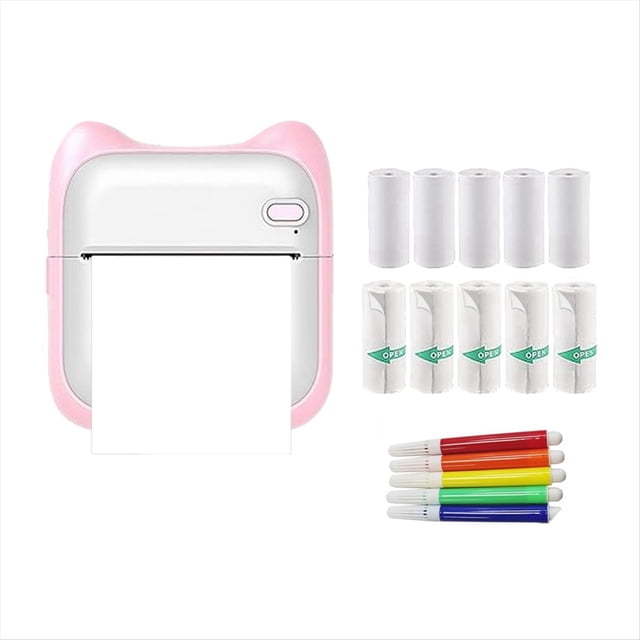 Mini impresora de pegatinas, impresora térmica portátil de etiquetas, sin tinta, con 10 rollos de papel y 5 bolígrafos de colores.