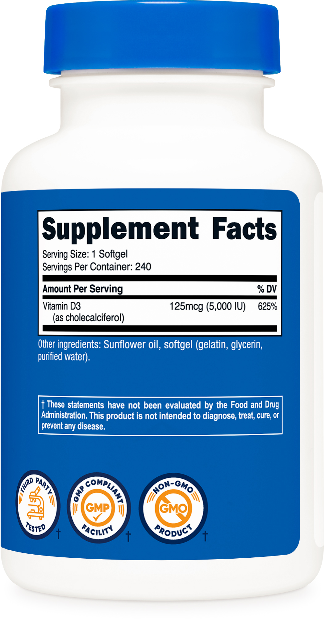 Nutricost Vitamina D3 5,000 UI, 240 Softgels - Suplemento No-GMO 5