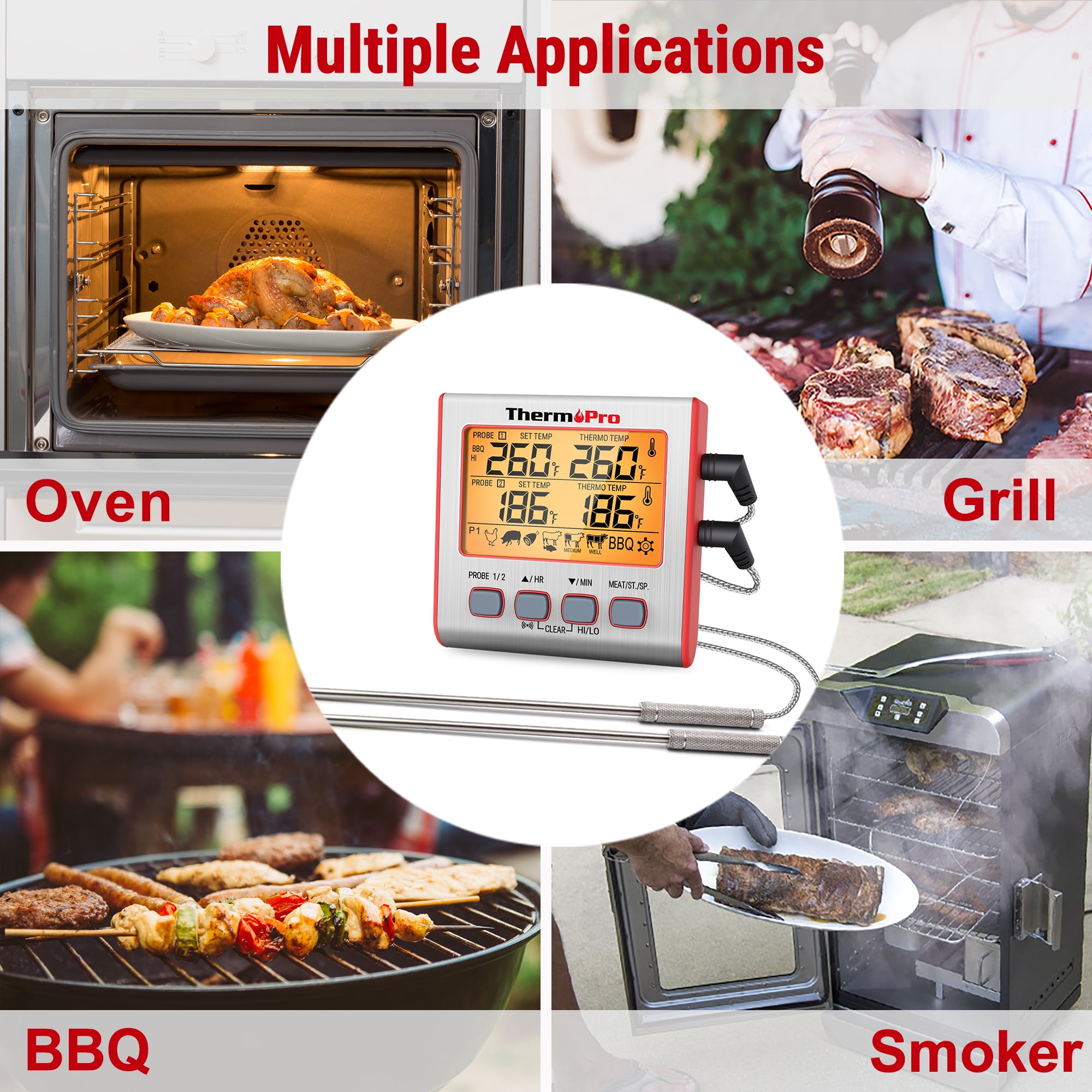ThermoPro TP17W Large LCD Backlight Grill Food Thermometer with Dual Probes Timer Mode for Oven Grill Smoker BBQ