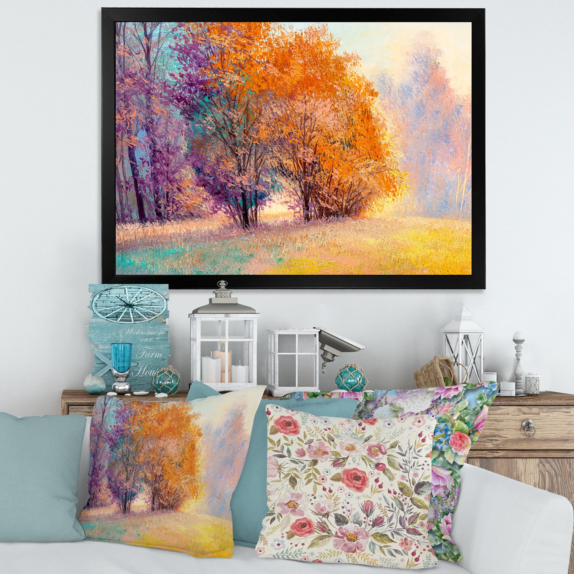 Designart 'Autumn Forest Orange Leaves Landscape' Lake House Framed Art Print