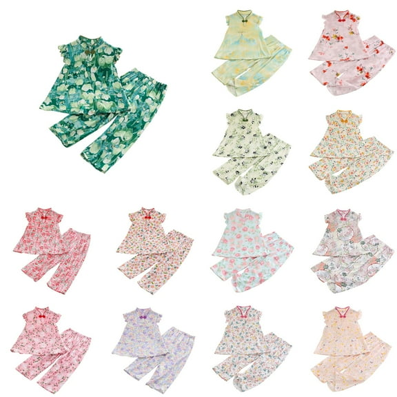 Ahuyic Toddler Kids Casual Fashion Outfits, Spring And Autumns Solid Color Top And Pants Set For Kids, Children's Summer Printing Sleeveless Ruffle Top striped Wide Leg Pants Sets For Kids