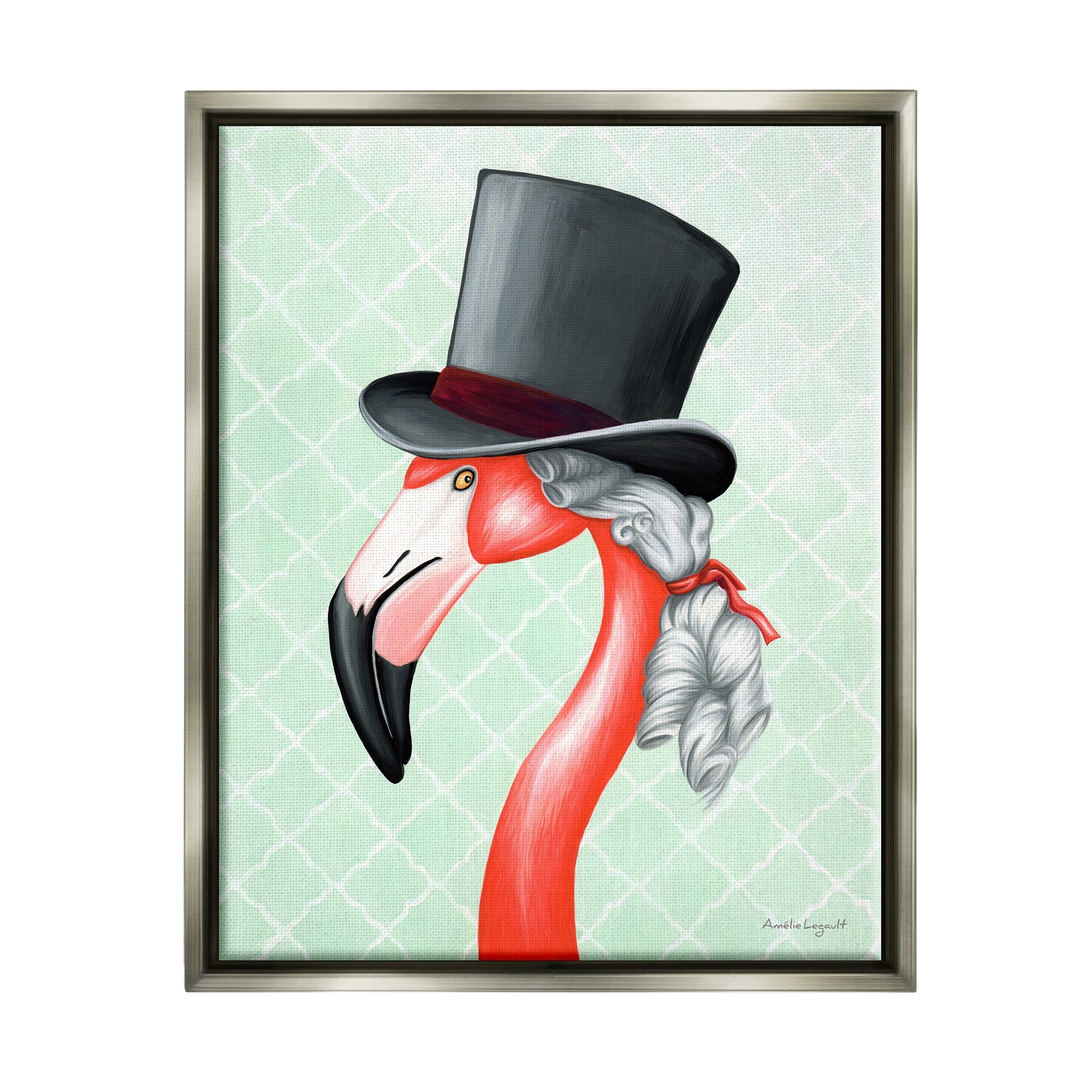 Stupell Industries Flamingo Old-Fashioned Hair Top Hat Patterned Squares Graphic Art Luster Gray Floating Framed Canvas Print Wall Art, Design by Amelie Legault