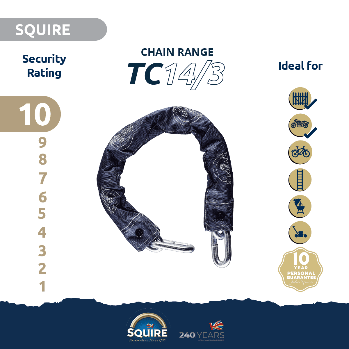 Squire SS80CS Padlock & Chain Set - 80mm Boron Steel Lock with 16mm Sleeved Chain