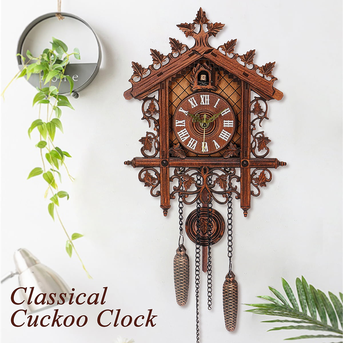 Fullnoon Forest Cuckoo Clock Retro Nordic Style Wooden Cuckoo Wall Mechanical Alarm Clock for Home Office Decoration Wooden Bird Patterned Wall Clock Chalet-Style Wall Clock