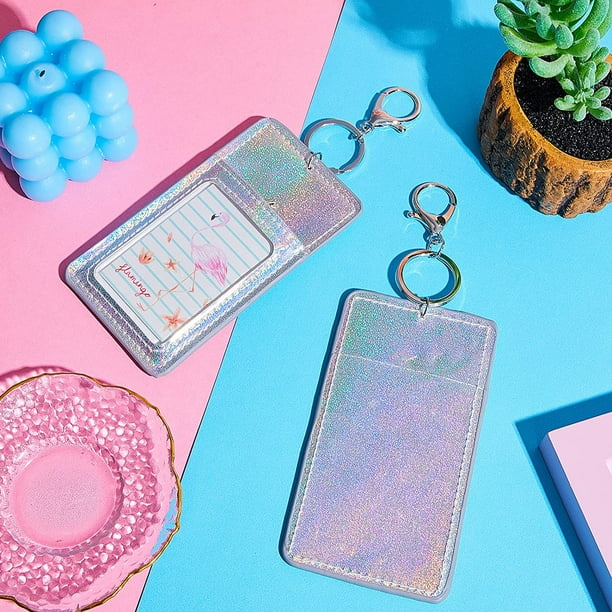 2 Pieces Glitter ID Badge Holder Vertical Badge Clip Key Chain Holder  Silicone Card Holder with Clear Window, Key Ring, Metal Clip for Office,  Name