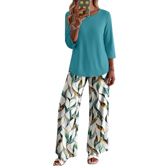 WIHOLL Two Piece Sets for Women Lounge Outfits 3/4 Sleeve Wide Leg Pants with Pockets Dressy Fall Clothes