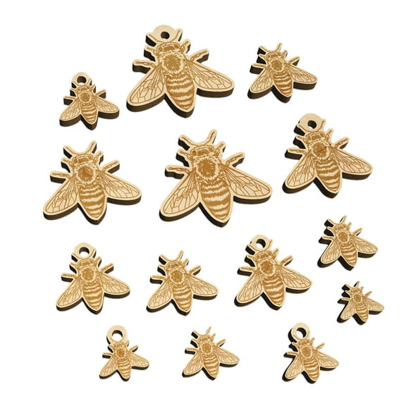 Realistic Fuzzy Honey Bee Wood Mini Charms Shapes DIY Craft Jewelry - No Hole - 30mm (6pcs)