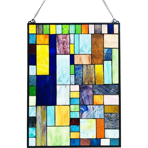 CHLOE Yvonne Tiffany-Style Geometric Stained Glass Window Panel 24" Height