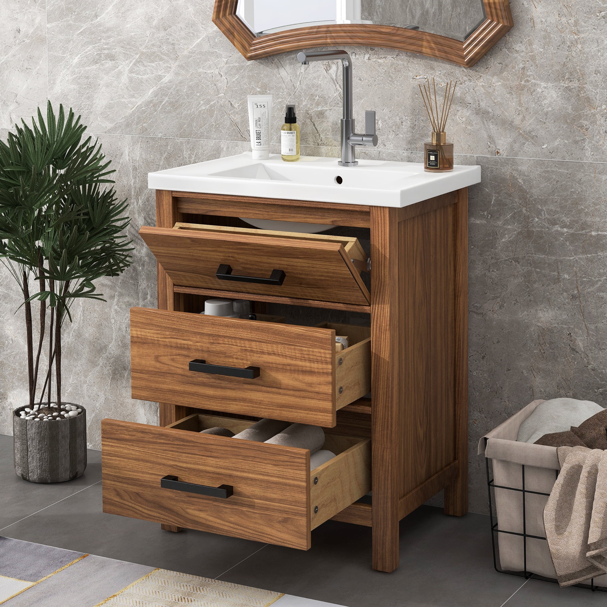 Euroco 24'' Bathroom Vanity with Ceramic Basin Sink, Modern Bathroom Storage Cabinet with 3 Drawers, Freestanding Bathroom Vanity Cabinet with Single Sink