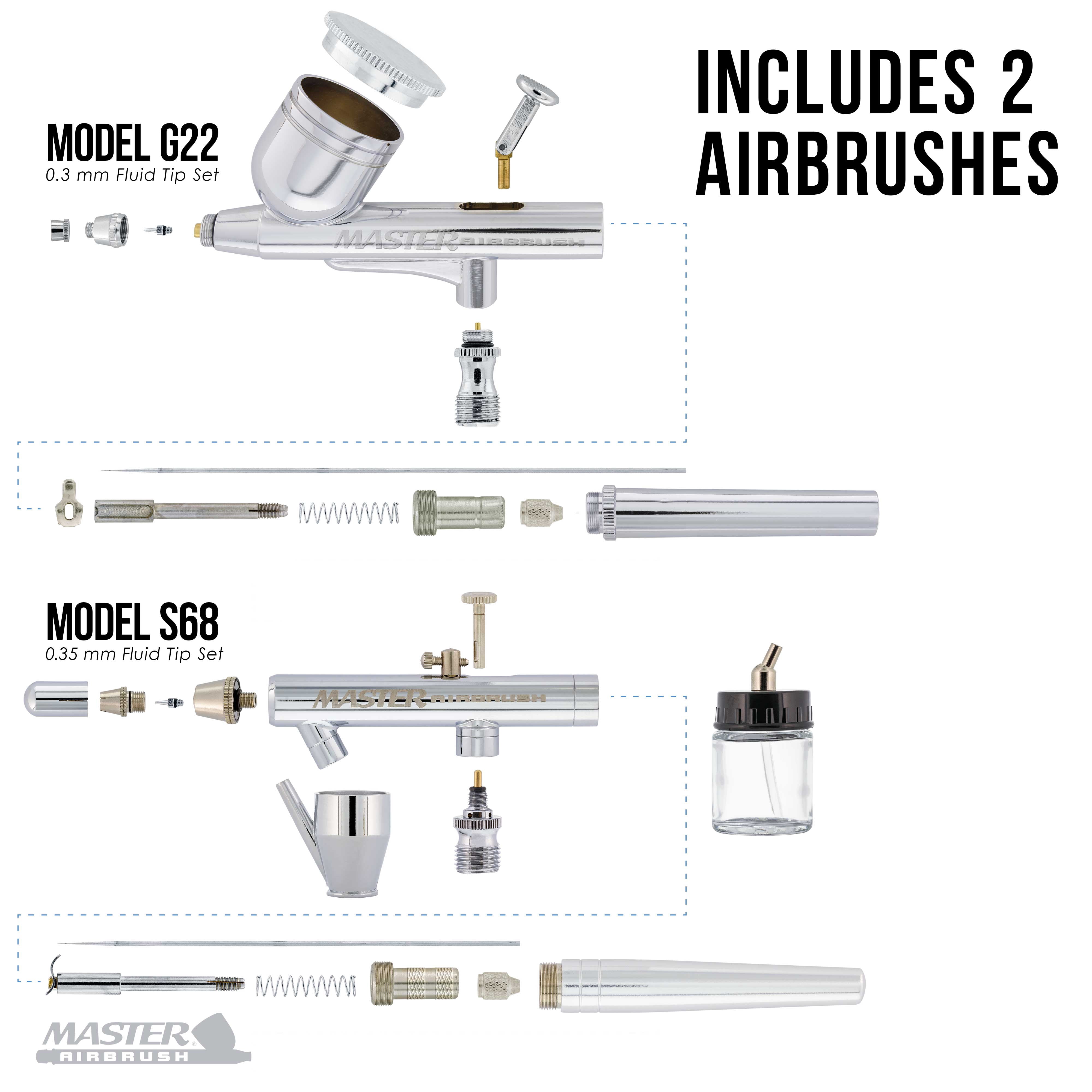Master Airbrush Brand Finger Nail Decorating System. 2 Airbrushes, Air Compressor, Stencil Set of Over 100 Designs, 6' Hose, Holder, 12-1oz Color Nail Paint Kit, Cleaner