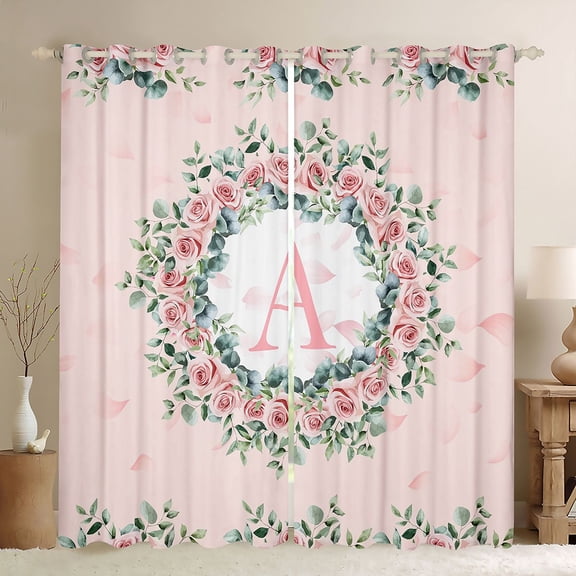 jejeloiu Letter A Monogrammed Black Out Curtains,Cute Flower Blossom Curtains Pack of 2 (42x63 Each),Pink White Green Bedroom Curtains For Girls,Microfiber Room Decorative