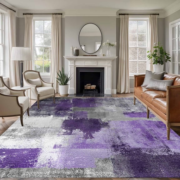 Purple Grey Area Rugs 6x9 for Living Room, Abstract Art Oil Painting Modern Geometric Non Slip Washable Rug Runner, Low Pile Indoor Floor Carpet Mat Bathroom Rugs for Bedroom, Kids Room
