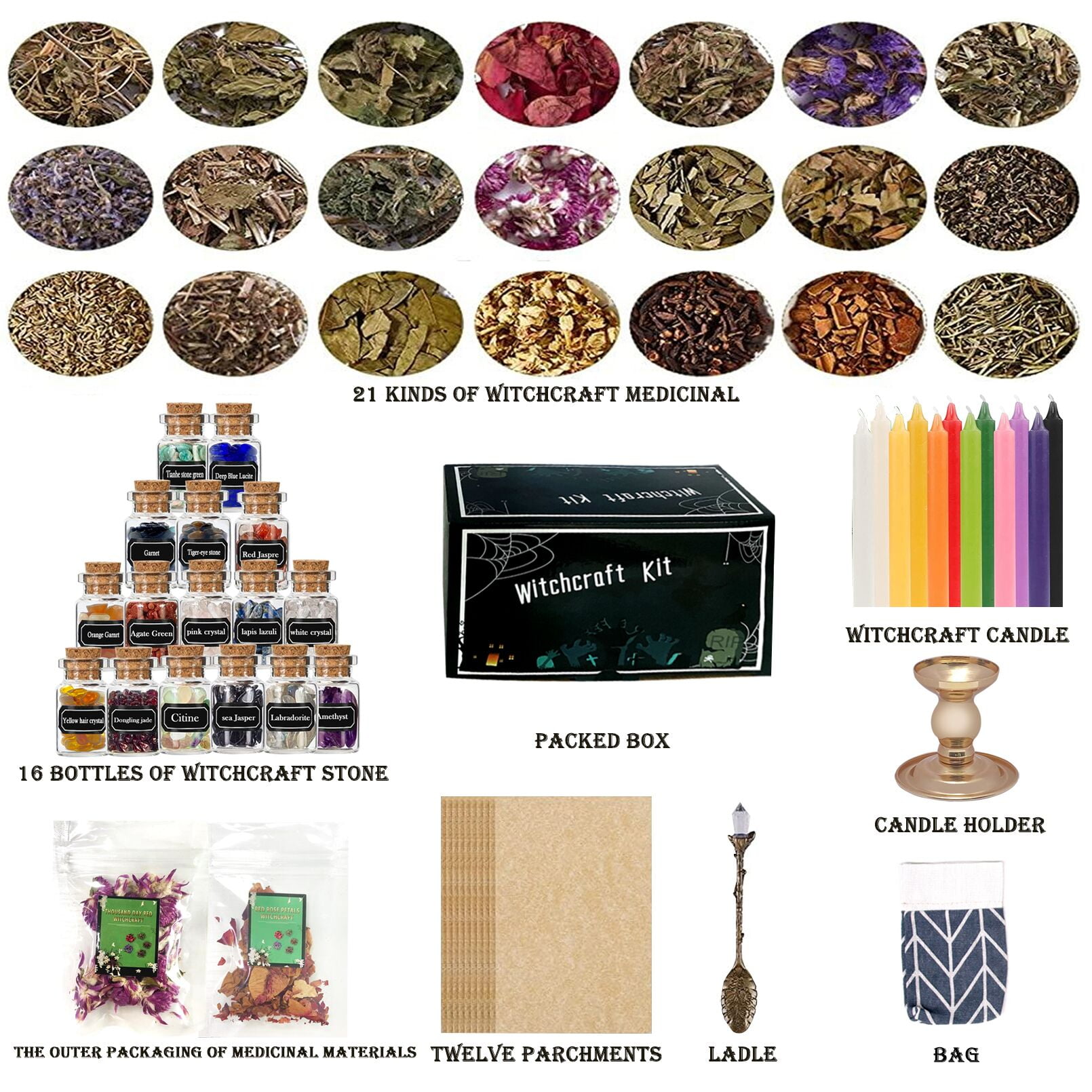 HXXF Witchcraft Supplies Kit for Witch Spells – 85 PCS Beginner Witch Starter Kit Crystals Jars Dried Herbs and Colored Candles for Witches Pagan Altar Decor - Wiccan Supplies and Tools