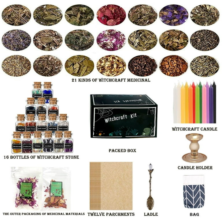 HXXF Witchcraft Supplies Kit - 85 PCS with Crystals, Jars, Herbs 