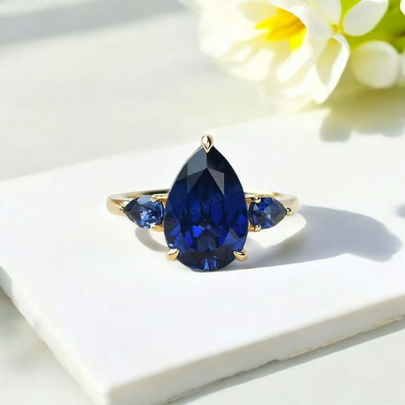 DBESTSTUDIOS 7x5 MM / Pear Cut Blue Sapphire Women Ring Bridal Wedding Stacking Ring Three Gemstone Statement Ring Birthday Gift For Mom