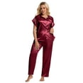 thumbnail image 5 of DAKIMOE Silk Satin Pajamas Set for Women Two-Piece Sleepwear Short Sleeve Pjs Soft Button Down Shirt and Wide Leg Long Pants with Pockets, 5 of 7