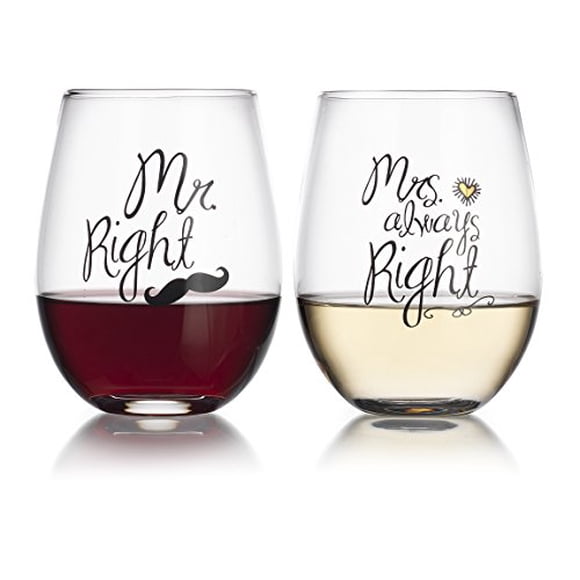 Elegant Home Personalized Gift Set of Two 19 Oz. Mr Right & Mrs Always Right Stemless Red Or White Wine Glass - unique Novelty - Gag Gift.