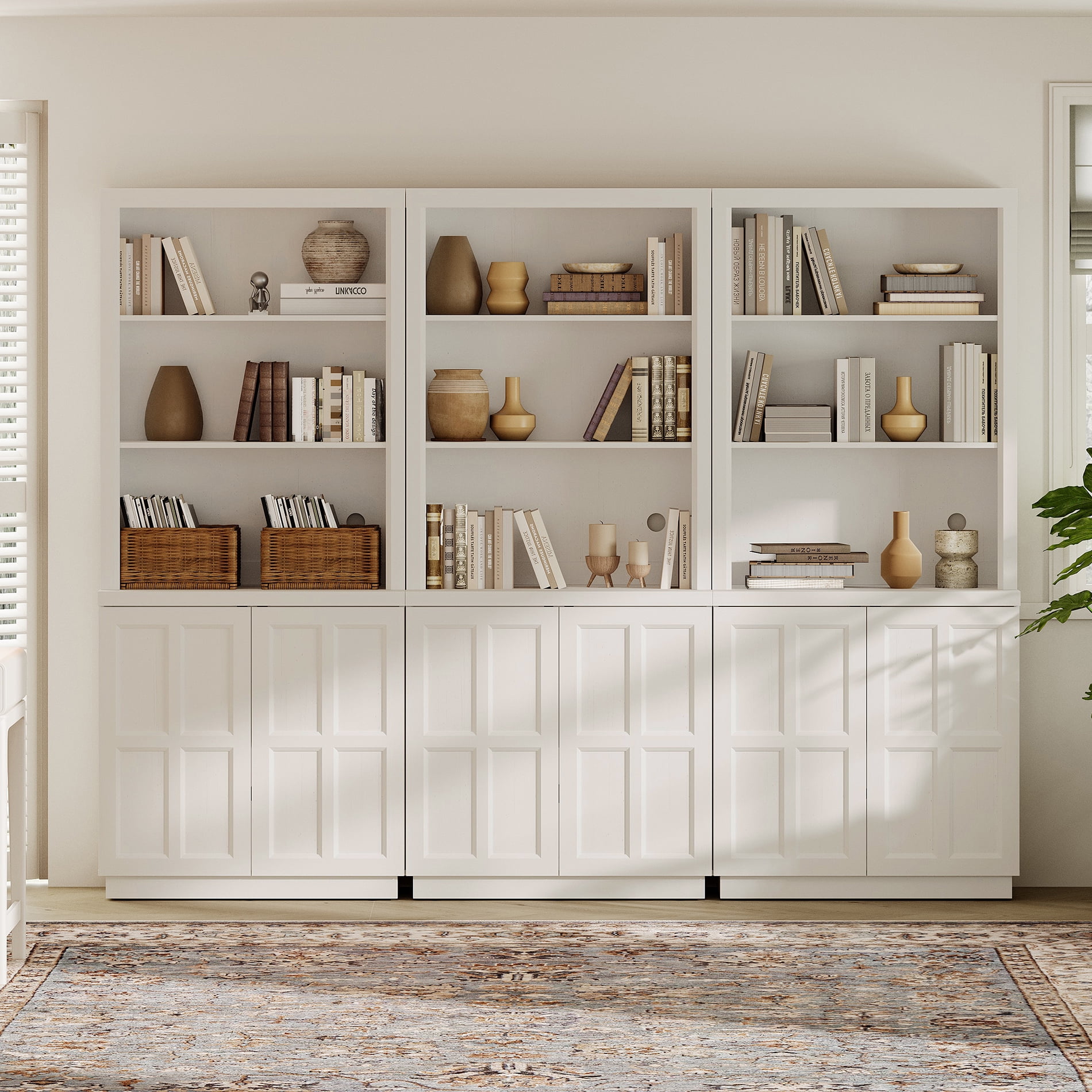HOMOOI 3-in-1 Freestanding Bookcase, Boho Display Book Shelf with Open Adjustable Shelves & Rebound Handle-Free Doors,Thickened Anti-Wobble Wood Bookcase for Living Room,Home Office,White