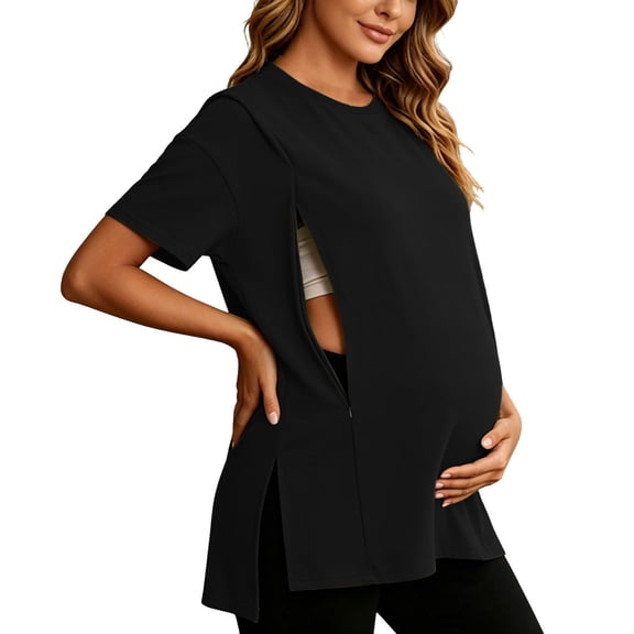 BRGZLK Womens Breastfeeding Shirts 2026 Hidden Zipper Short Sleeve Oversize Maternity Nursing Tops Trendy Solid Color Side Split Pregnancy T-Shirt Black XL