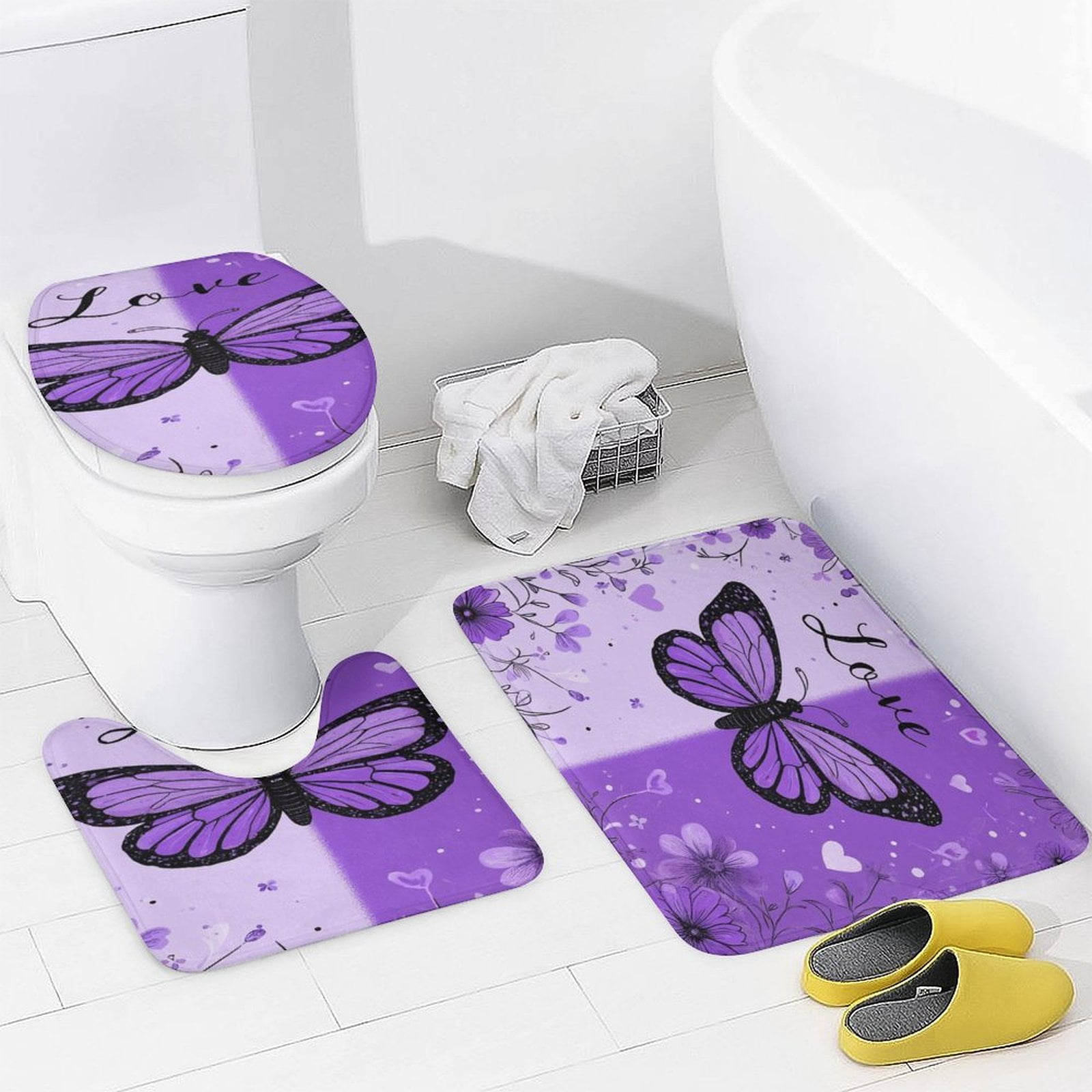 Dreamy Purple Butterfly Pattern (55)-2 Shower Curtain Waterproof Bathroom Curtain Set with Hooks Home Decor Bathroom Curtains 4pcs