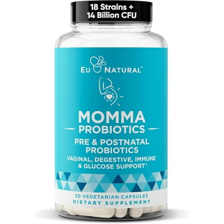 Momma Prenatal Probiotics Mom & Baby – Gut and Digestive Postpartum, Nursing, Morning Sickness Pregnancy Relief – 18 Clinically Proven Strains, 14 Billion CFU, Prebiotic – 30 Mini Vegan Capsules