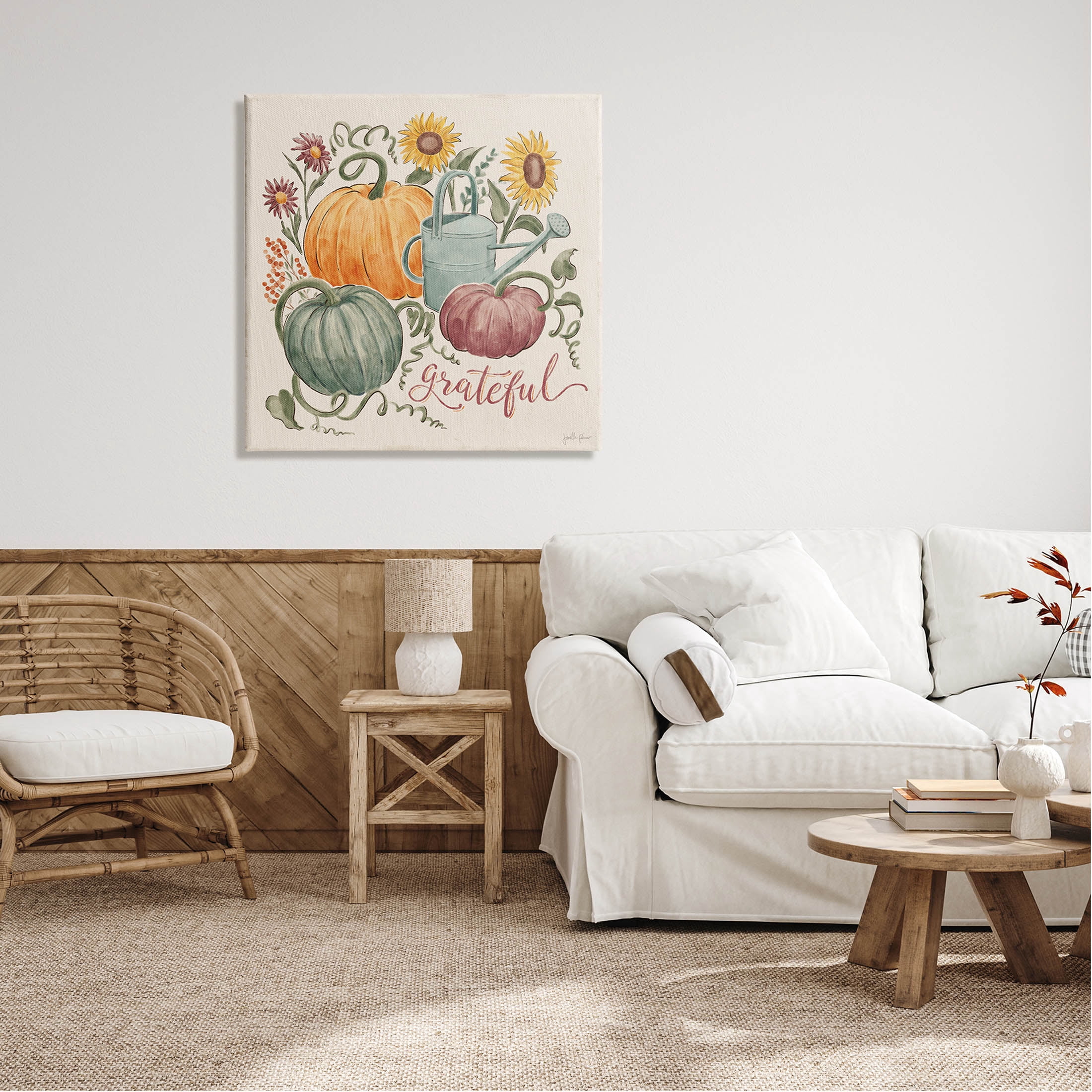 Stupell Industries Grateful Floral Fall Pumpkins Graphic Art Gallery Wrapped Canvas Print Wall Art, Design by Janelle Penner