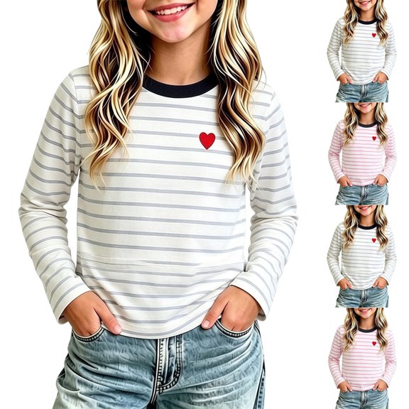 Kids Striped Long Sleeve Tee Crew Neck Soft Pullover, Boys Girls Heart Embroidery Relaxed Fit Shirt for Fall Casual School Daily Wear 3-4Y