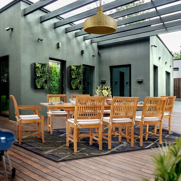 9 Piece Teak Wood Castle Outdoor Patio Dining Set including Rectangular Extension Table, 6 Side Chairs and 2 Arm Chairs