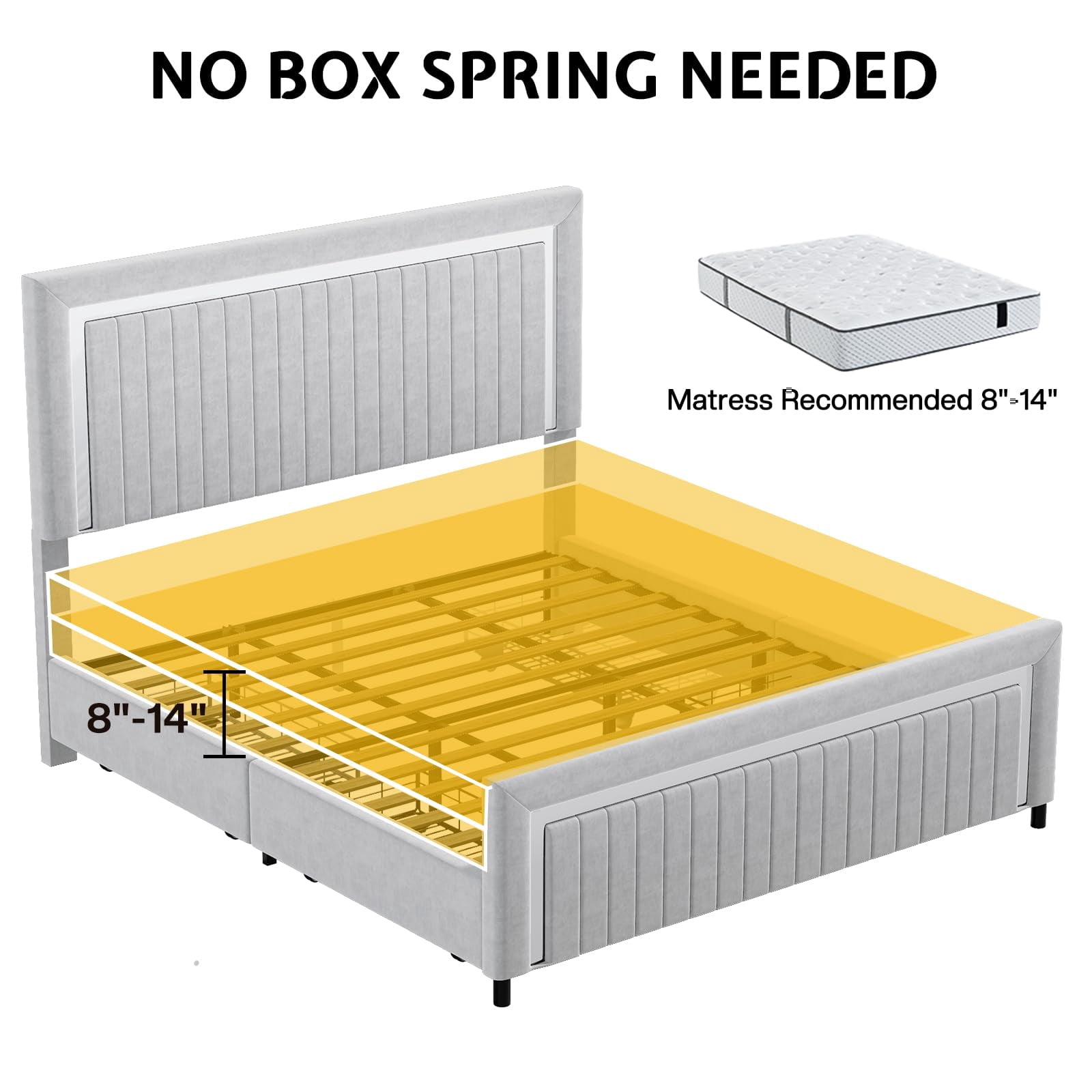 Merluxy Upholstered Platform King Size LED Bed Frame with 4 Storage Drawers, Adjustable Headboard with Vertical Channel Design, Light Grey