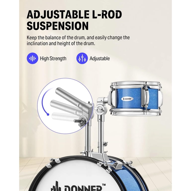 Donner 5-Piece Kids Drum Set, 14" Bass, Metallic Blue photo 5