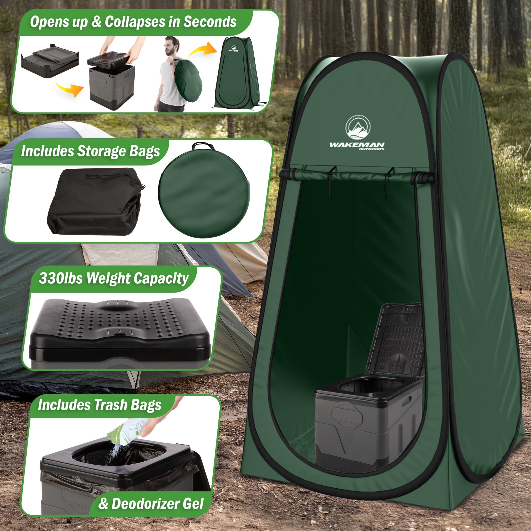 Wakeman Outdoors Camping Toilet Set - Pop Up Privacy Tent and Portable Toilet for Adults, Green