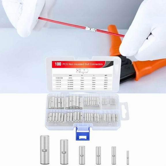100Pcs Non Insulated Butt Connectors Kit Butt Splice Connectors 24-8 AWG Uninsulated Crimp Wire Connector Electrical Seamless Crimping Terminals Wire for Electrical Wire Splice DIY Cars Boats