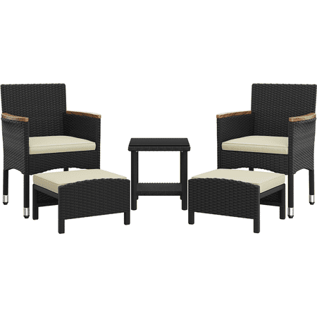Renwick 5-Piece Outdoor Conversation Set with Chairs, Ottomans, Coffee Table, Black/Beige