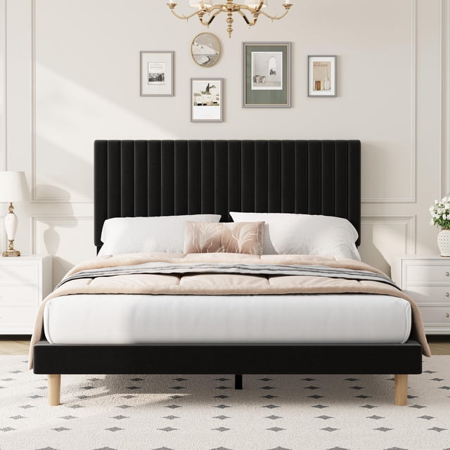 EDTara Velvet Platform Bed With Adjustable Tufted Headboard, Vertical Channel Design and Strong Wooden Slats, Easy Assembly