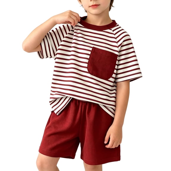 WRKEKC Boys Summer Casual Outfits Thin Striped Short Sleeve Side Pocket T Shirt and Casual Shorts Set for 0-10 Years