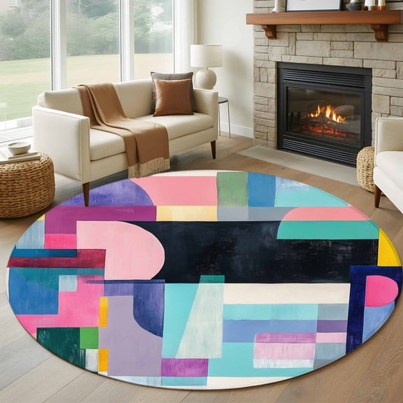 Round Rugs 5Ft, Colorful Geometric Round Area Rug Washable Indoor Throw Carpet, Color Block Modern Abstract Soft Non Slip Circle Rug for Cabinet Bathroom Home Decor Aesthetic
