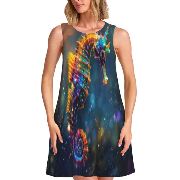 Fotbe Neon Seahorse Underwater Realm Vestido de Verano sin Mangas para Mujer – Vestido Midi Línea A, Estilo Camiseta Floral, Vestido Playero Casual y Fluido