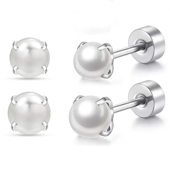 2 pairs Flat Back Earrings,Silver Pearl Stud Earrings for Women Screw Back Studs for Hypoallergenic Cartilage Nap Sleep Earrings Helix Jewelry (Flat Back Stud)
