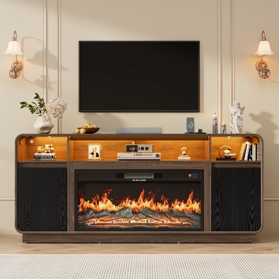 ANPOO Minimalist Modern 70" Fireplace TV Stand with 36" Electric Fireplace for TVs up to 80", LED Entertainment Center with Outlet, Media Console
