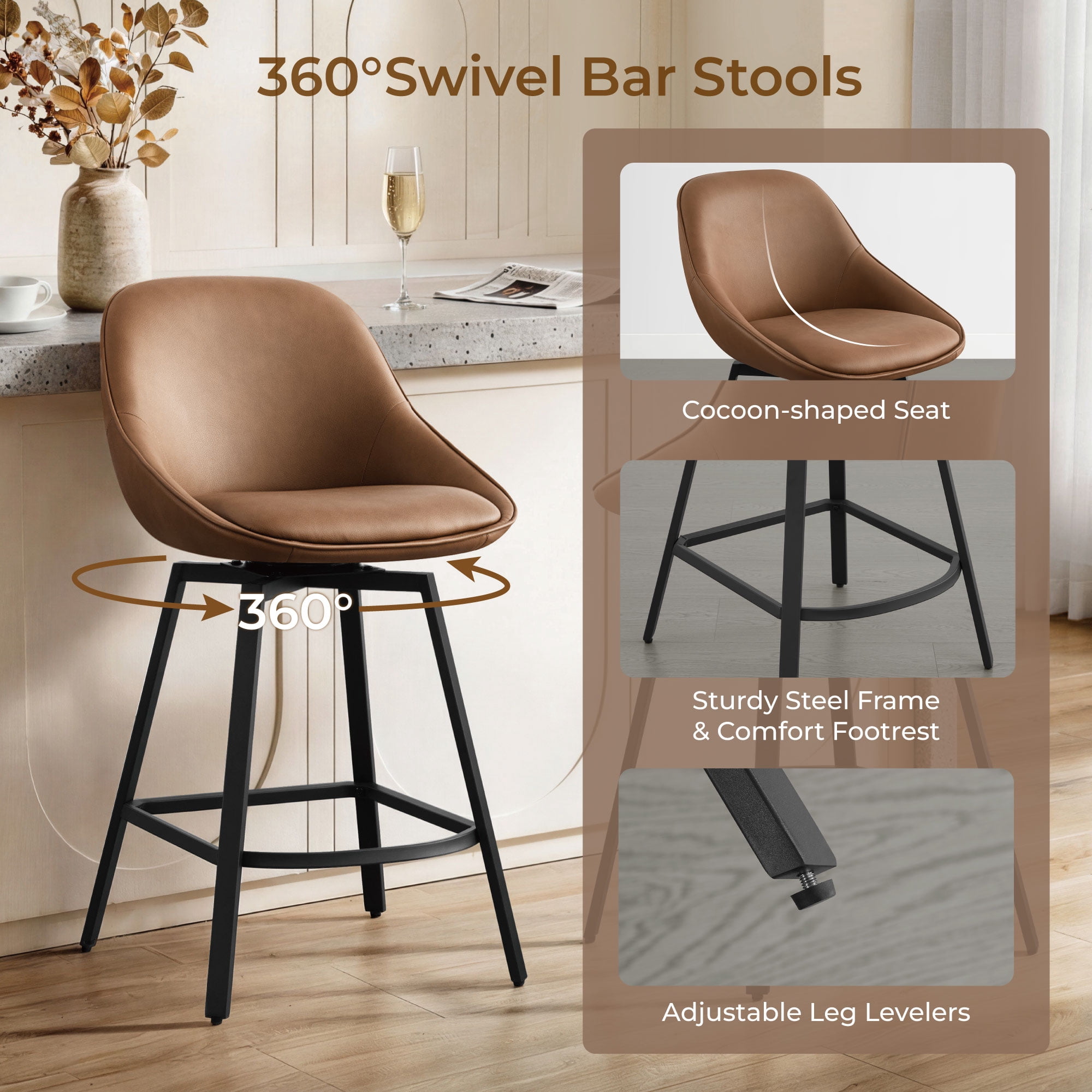 Spruce & Spring 26" Swivel Bar Stools Set of 2, Upholstered Counter Height Stools with Footrest & Metal Base, for Kitchen Island & Home Bar, Saddle Brown Faux Leather