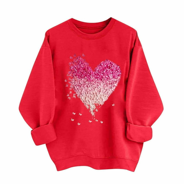 SOMOWI Chandail pour Femmes de la Saint-Valentin à Imprimé, Manches Longues, Col Rond, Chandail Décontracté Confortable, Rouge, Chandails pour Temps Froid 2TG