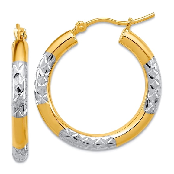 14k With Rhodium Sparkle-Cut 3mm Hoop Earrings 25x25mm Wide 3mm Thick Hoop Earring for Women