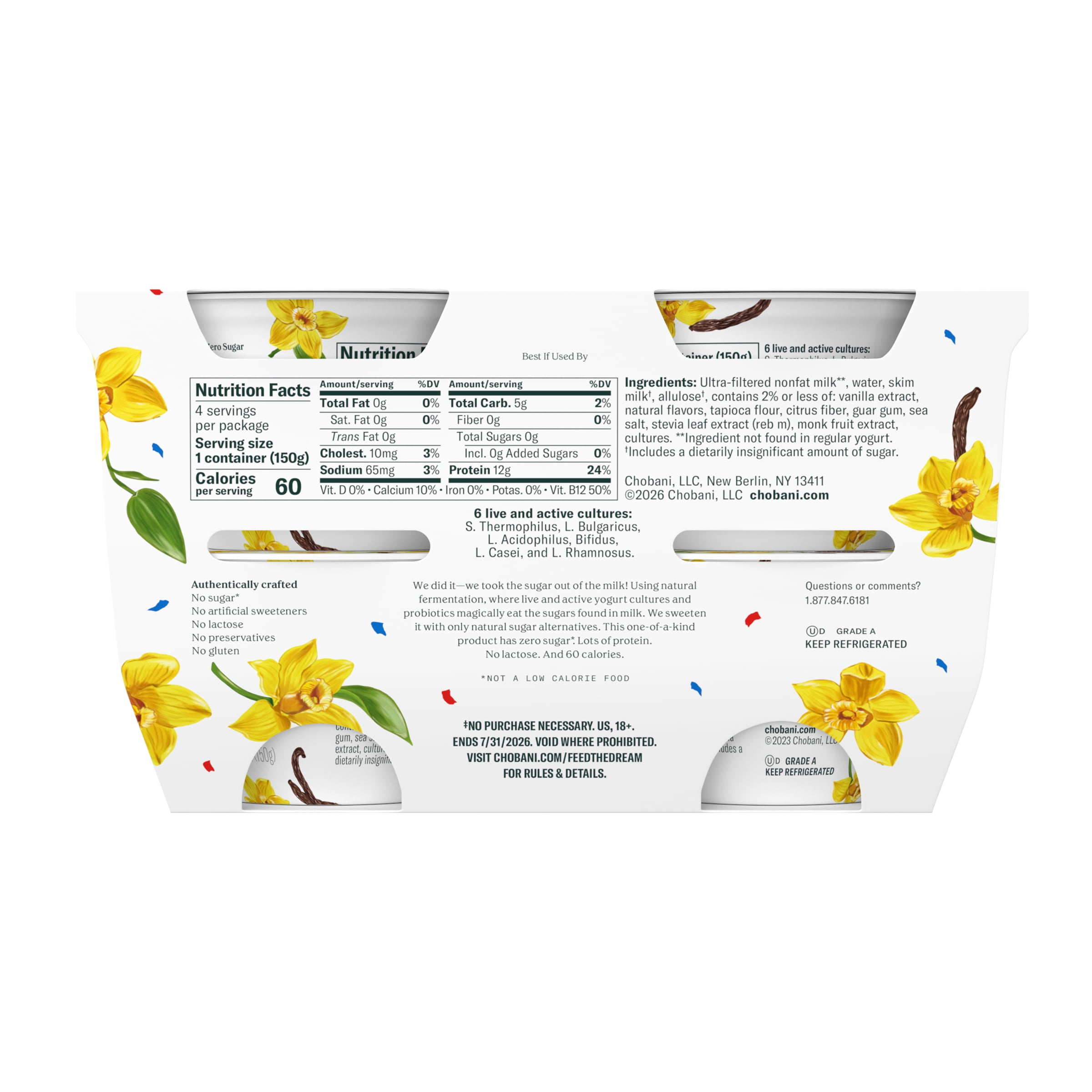 Chobani Zero Sugar Non-Fat Greek Yogurt Vanilla 5.3 oz Cup, 4 Pack