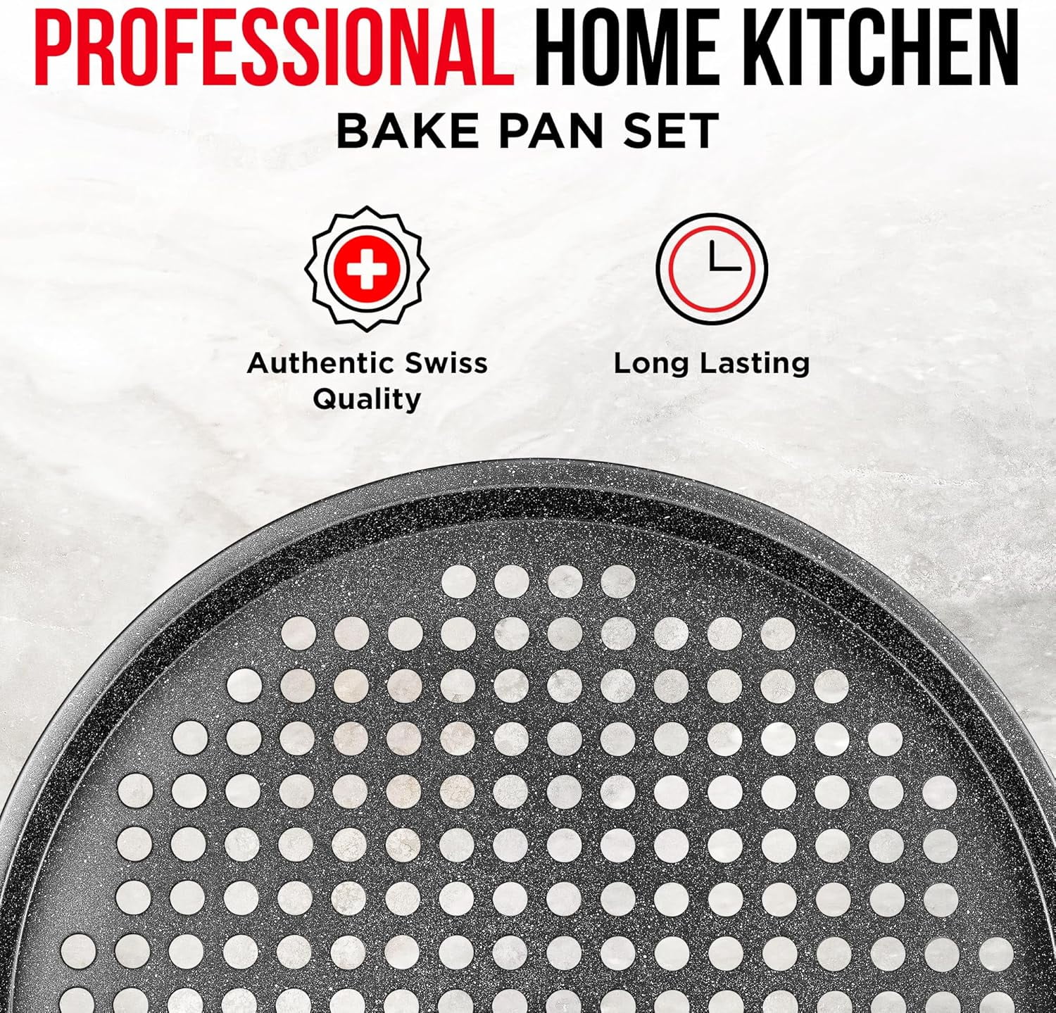 Bakken Pizza Baking Pan - Round Perforated Carbon Steel Pan with Non-Stick Marble Coating, Oversized Silicone Handle, Dishwasher Safe, High-Temperature Resistant, Durable & Easy Cleanup Gray, 2 Pack