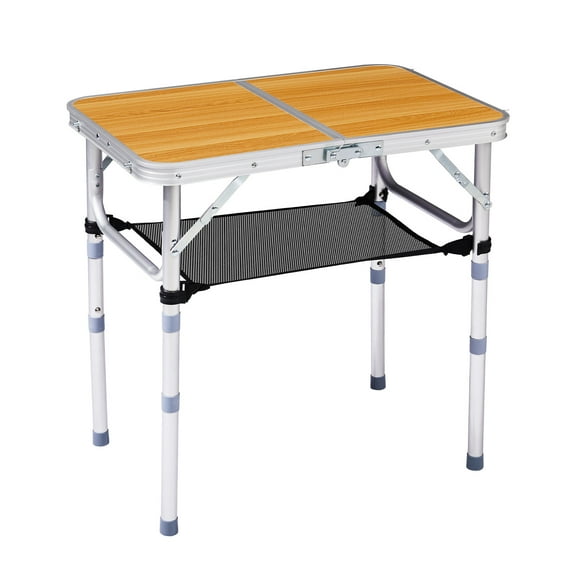 Qiushi 2ft Portable Folding Camping Table, Adjustable Height Aluminum Picnic Table, 3-Level Lightweight Foldable Side Table with Carry Handle & Storage Shelf for Outdoor, Camping, BBQ, Beach, Brown