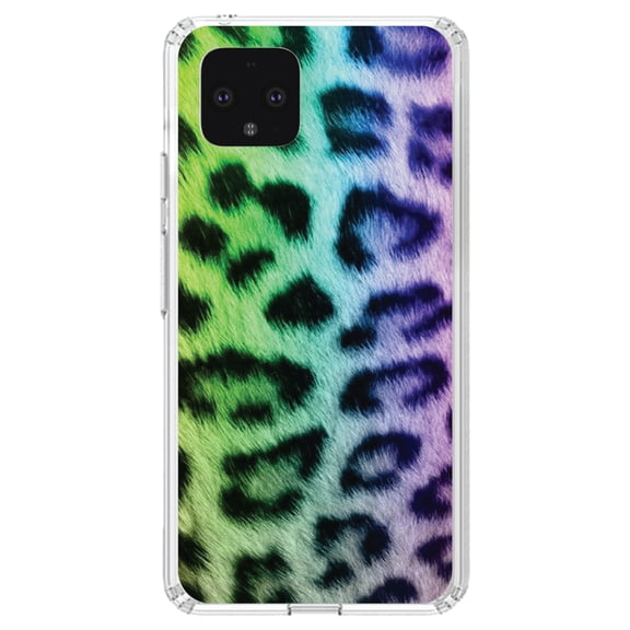 DistinctInk Clear Shockproof Hybrid Case for Google Pixel 4 (5.7" Screen) - TPU Bumper, Acrylic Back, Tempered Glass Screen Protector - Rainbow Leopard Cheetah Fur Print